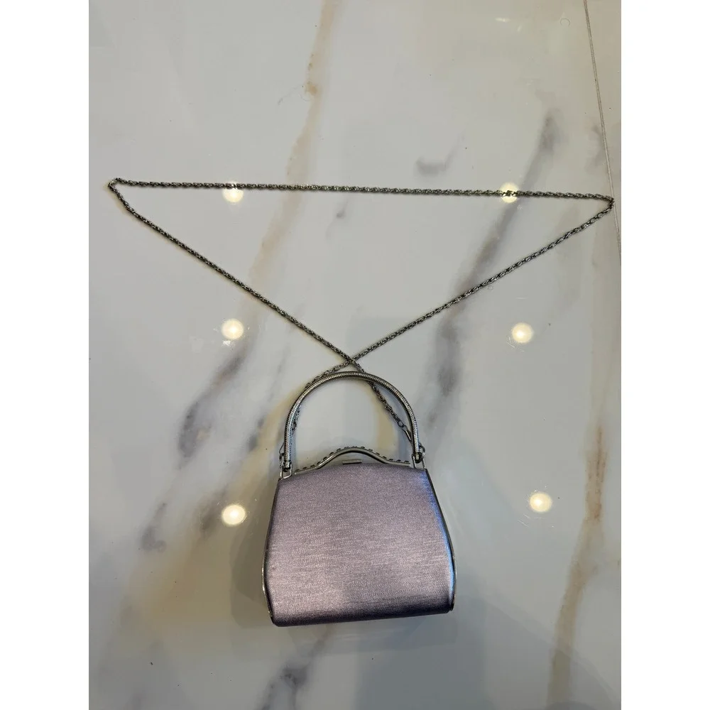 Lavender Satin Rhinestone Evening Bag Mini Handbag‎ Crossbody Silver Chain